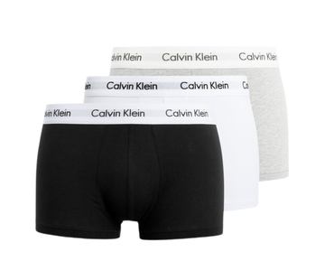 Calvin Klein Men’s Low Rise Trunks 3 Pack – Black/ White/ Grey; White Waistband, Sizes S-XL